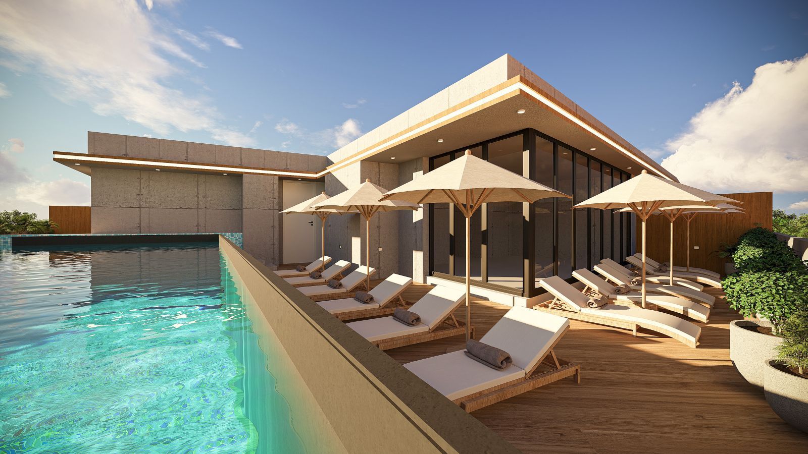 Lantana Residencial: Dachpool und Sonnenterrasse mit Liegestühlen und Sonnenschirmen.