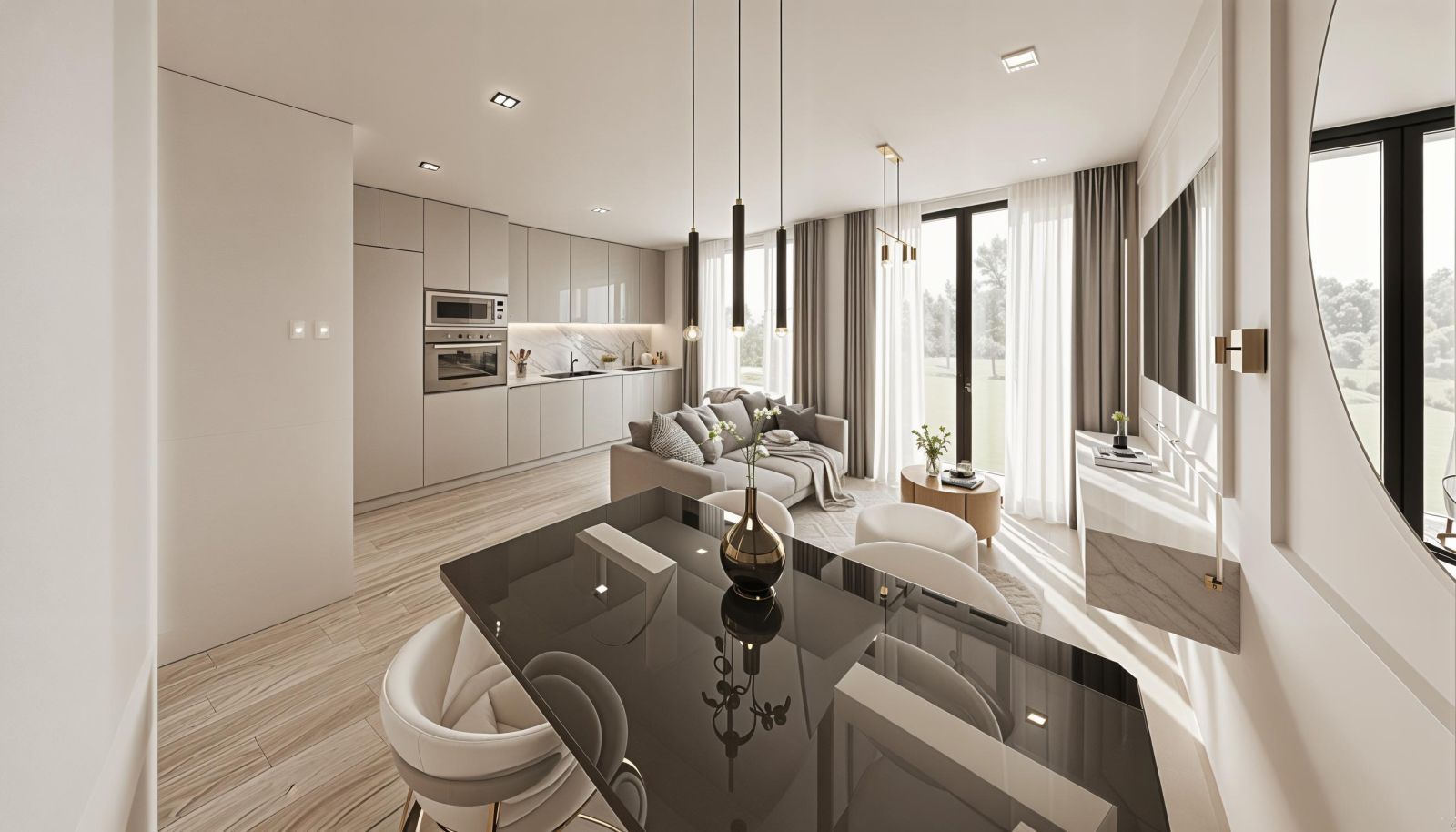 Moderne Wohnung mit offenem Grundriss und schickem Design